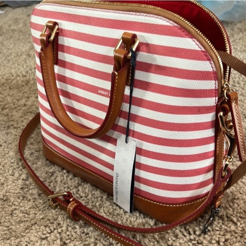 Dooney & Bourke Dome-shape Red and White Striped Satchel - Picture 4 of 5